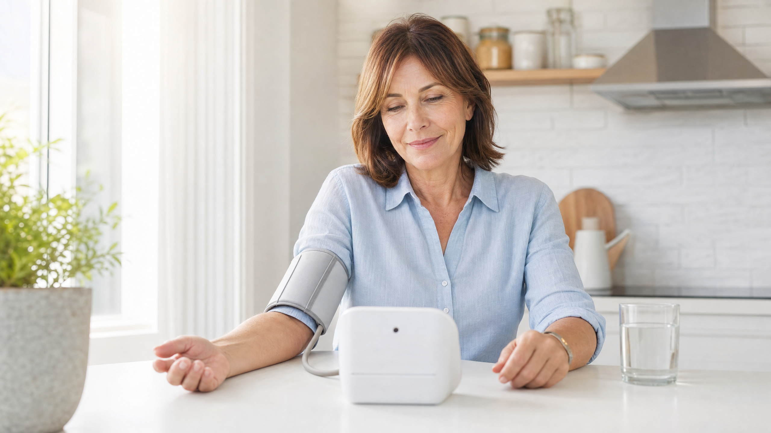 Confident adult woman using ZYBS blood pressure monitor correctly at home kitchen table