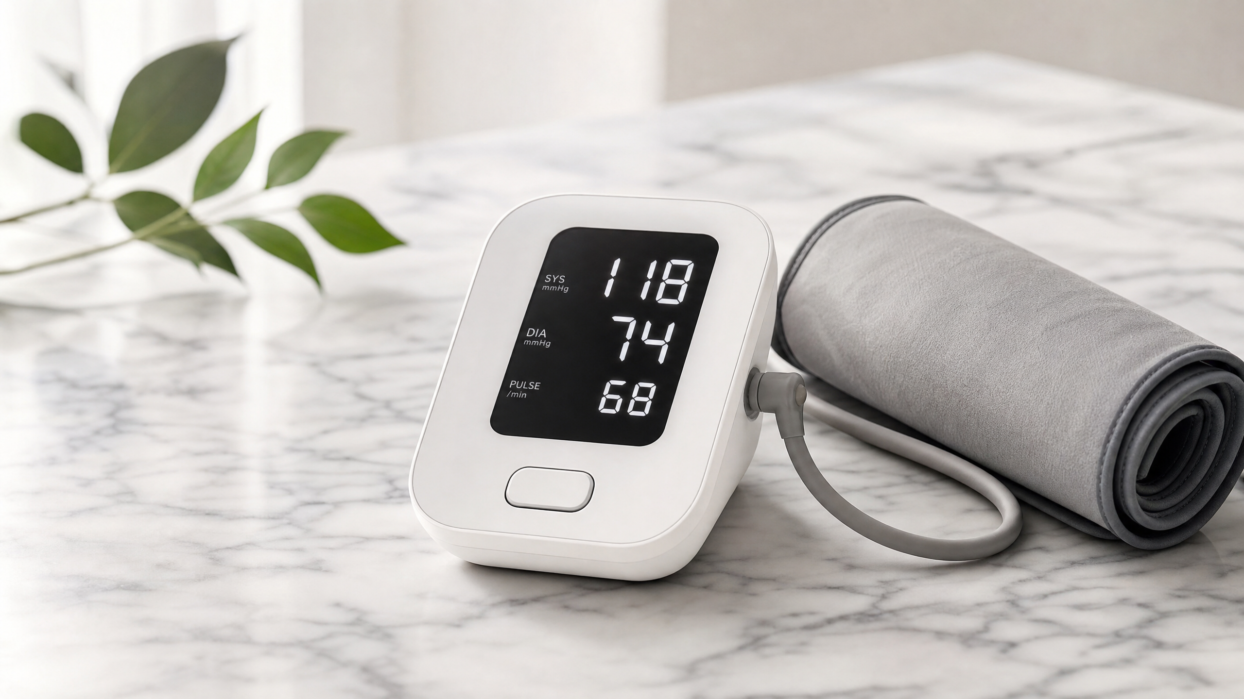 ZYBS U80B accurate blood pressure monitor on marble surface showing 118/74 reading