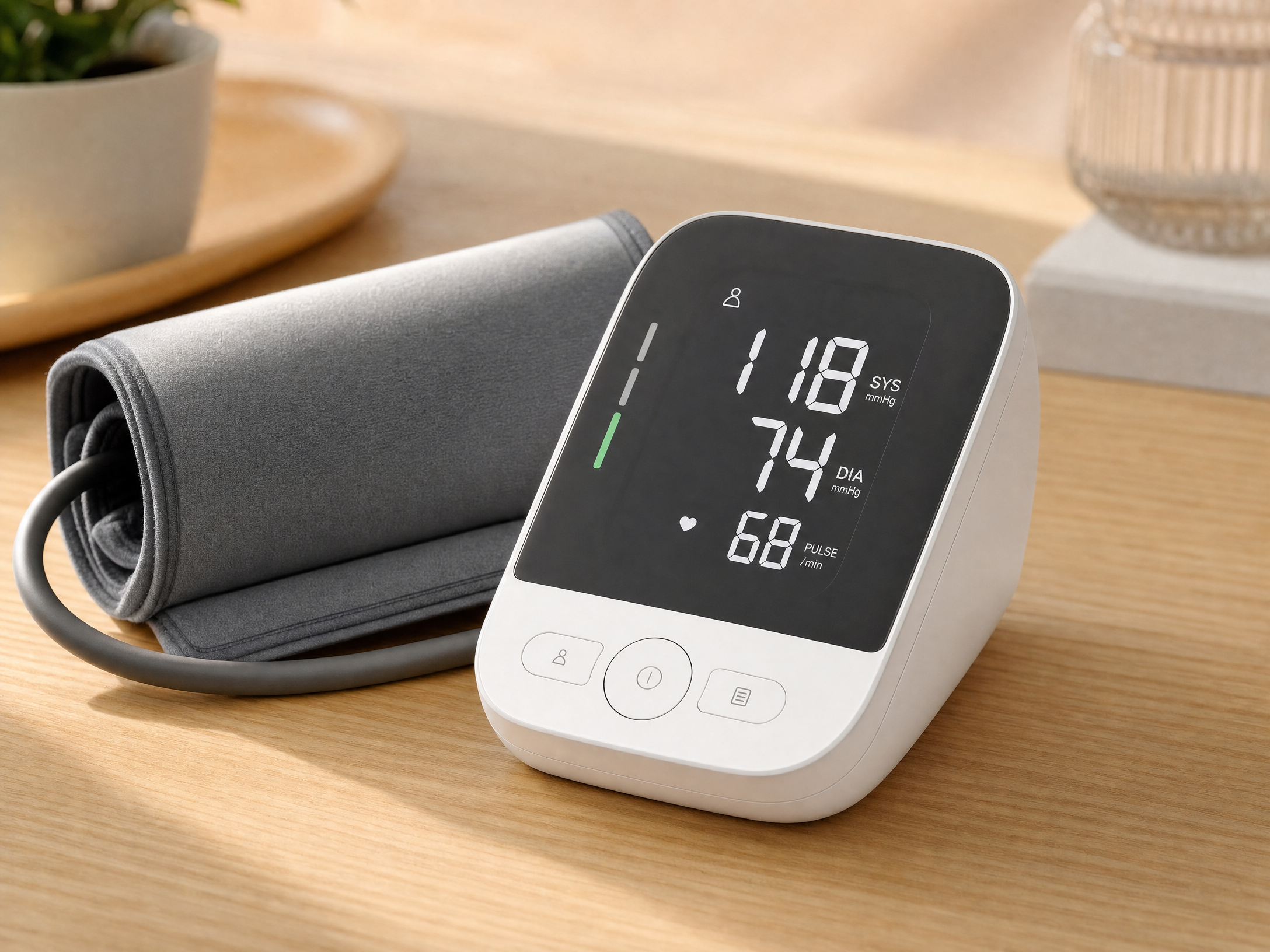 ZYBS U80B blood pressure monitor at 45-degree angle showing large LED display on oak surface
