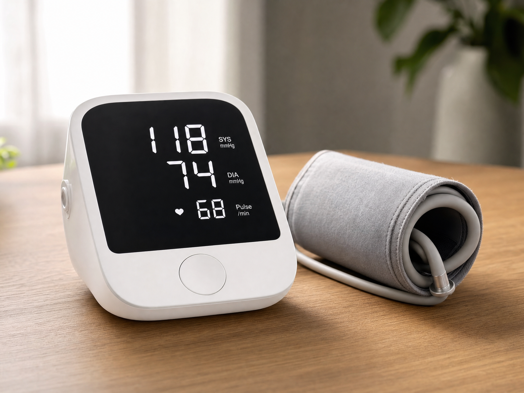 ZYBS blood pressure monitor showing clear 118/74 reading on large LED display