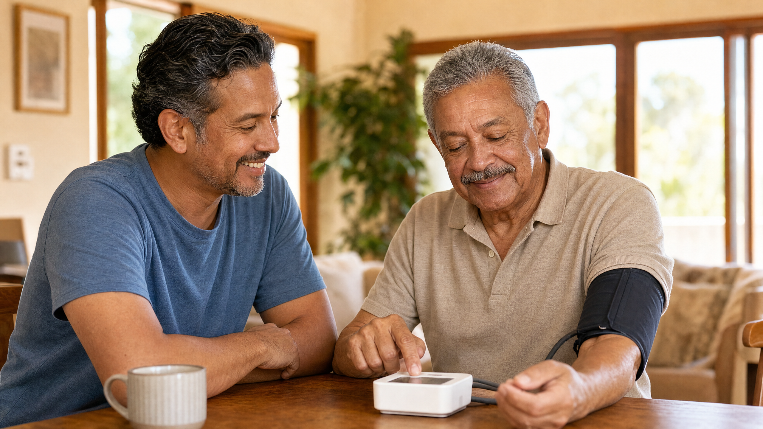 Adult son supporting his veteran father as he independently uses blood pressure monitor