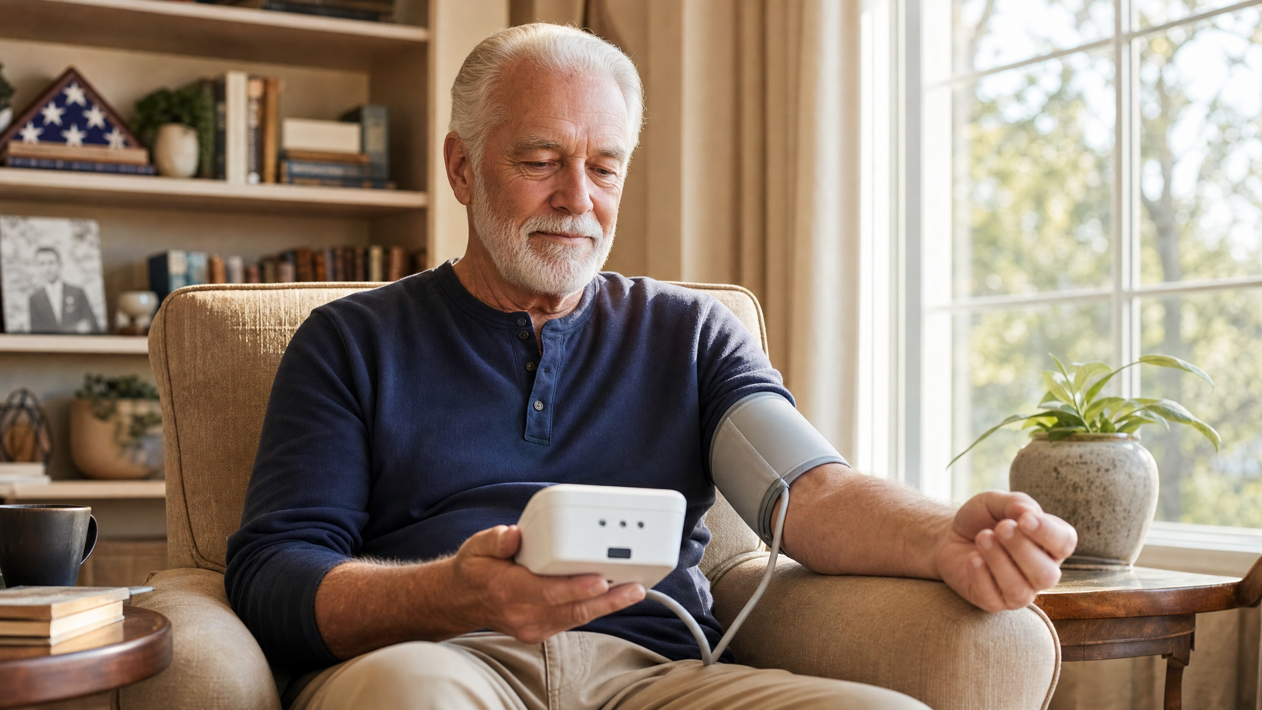 Veteran man confidently monitoring blood pressure at home in his living room