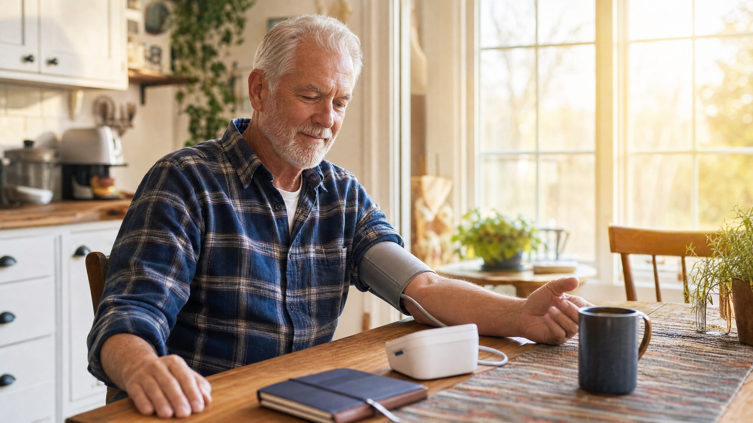 Veteran man independently using ZYBS blood pressure monitor at home in the morning