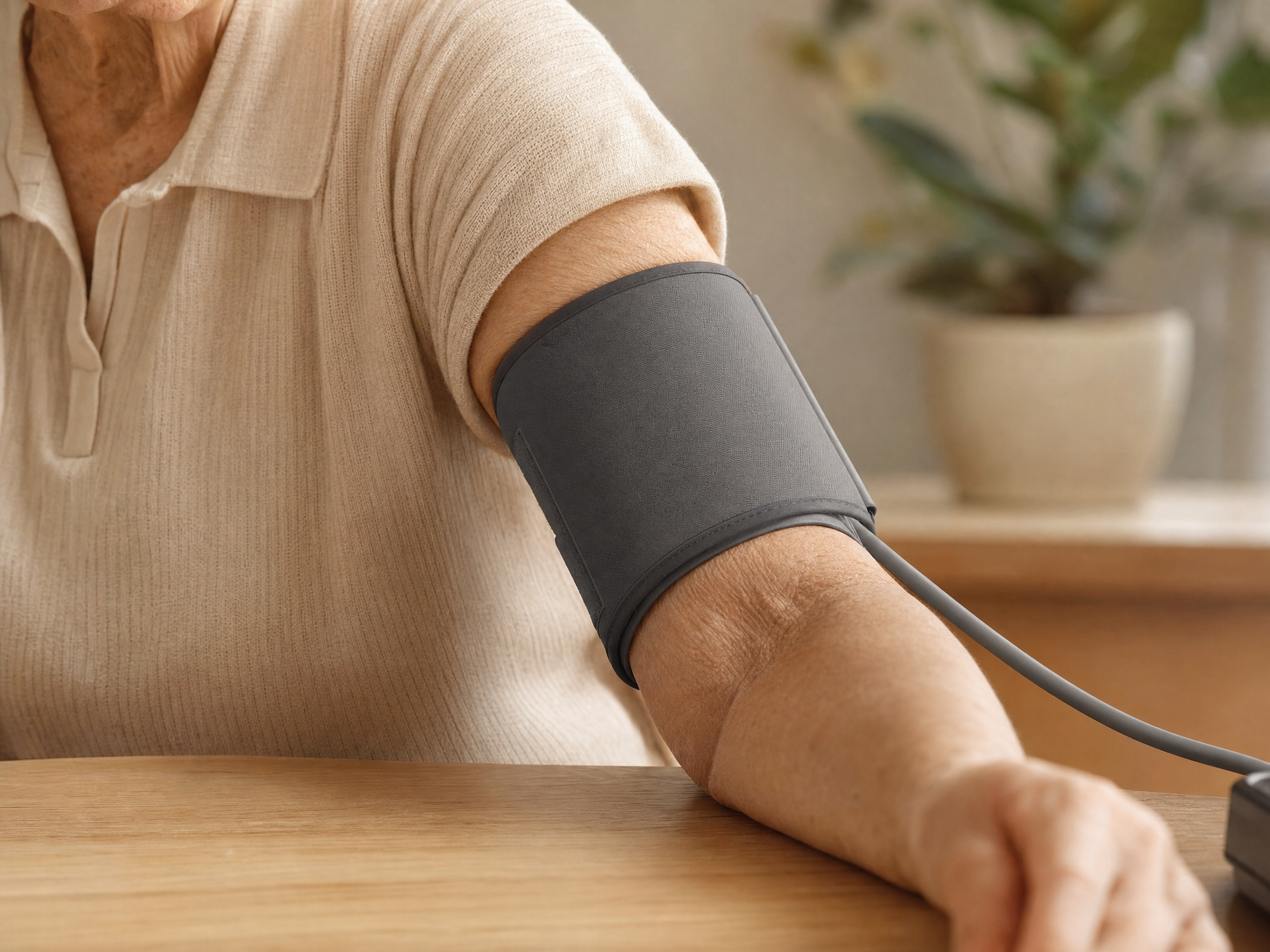 Blood pressure cuff comfortably fitted on senior's upper arm