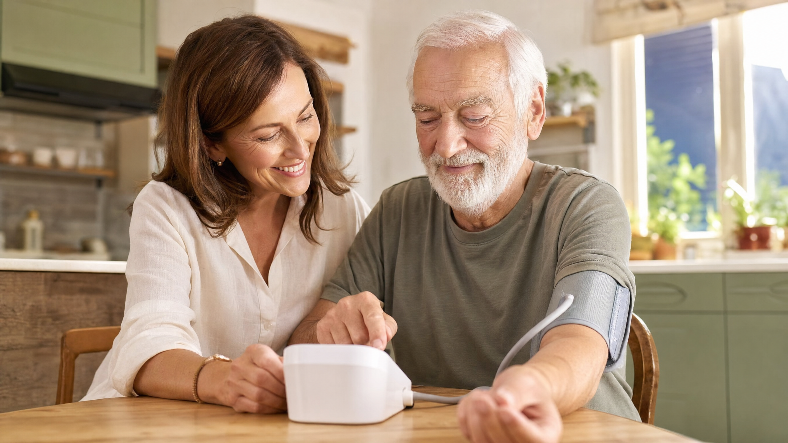 Adult daughter showing her elderly father how to use the ZYBS blood pressure monitor