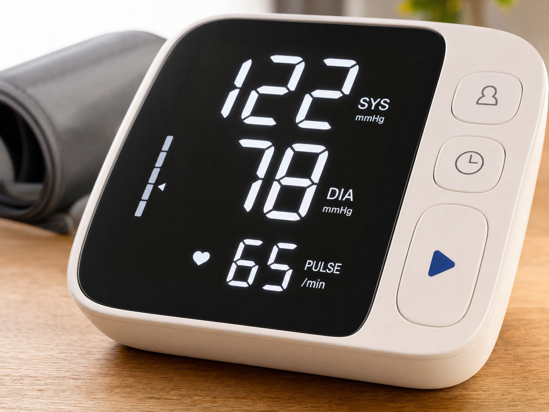 Large LED display on ZYBS blood pressure monitor showing 122/78 reading clearly