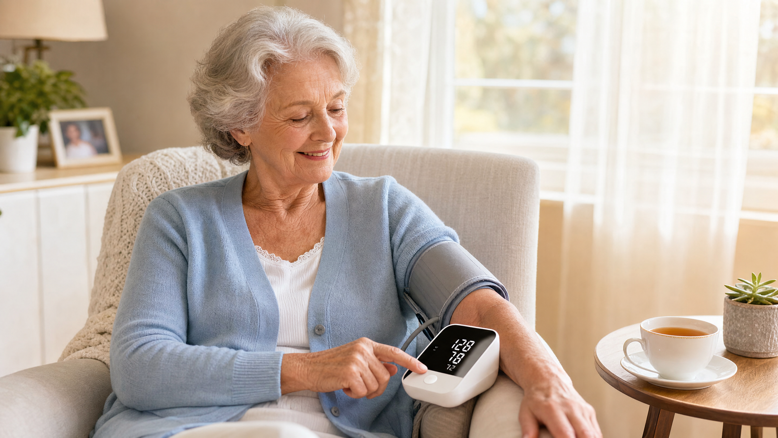 Senior woman confidently using ZYBS blood pressure monitor alone at home