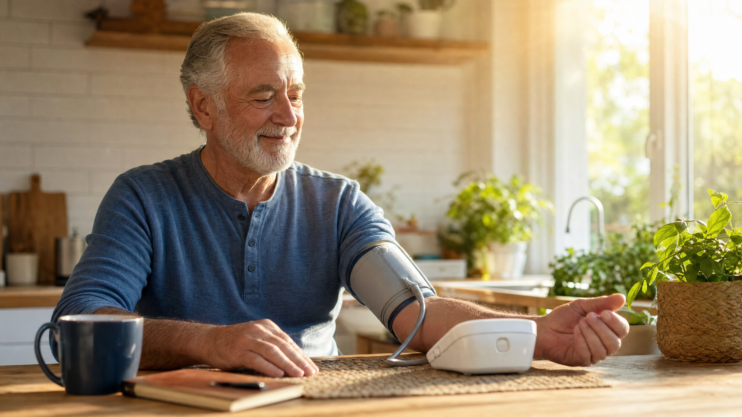 Senior man independently using blood pressure monitor at home with morning coffee