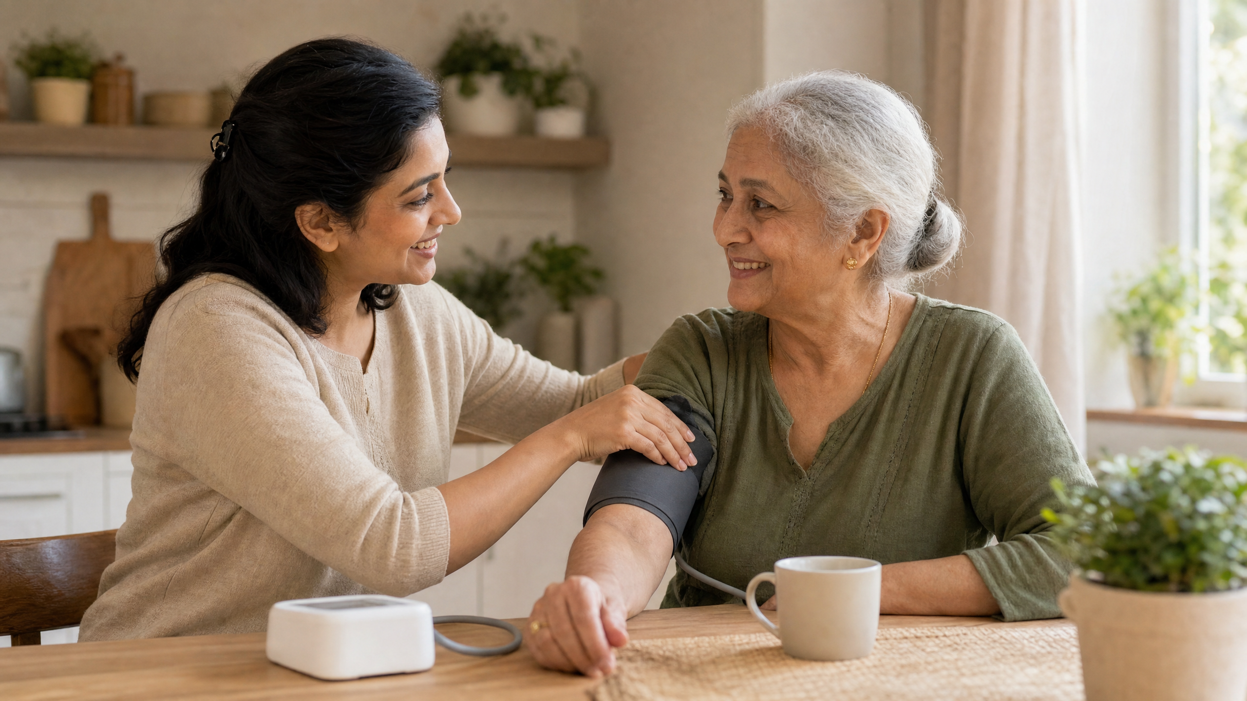 Adult daughter helping her elderly mother use a blood pressure monitor at home