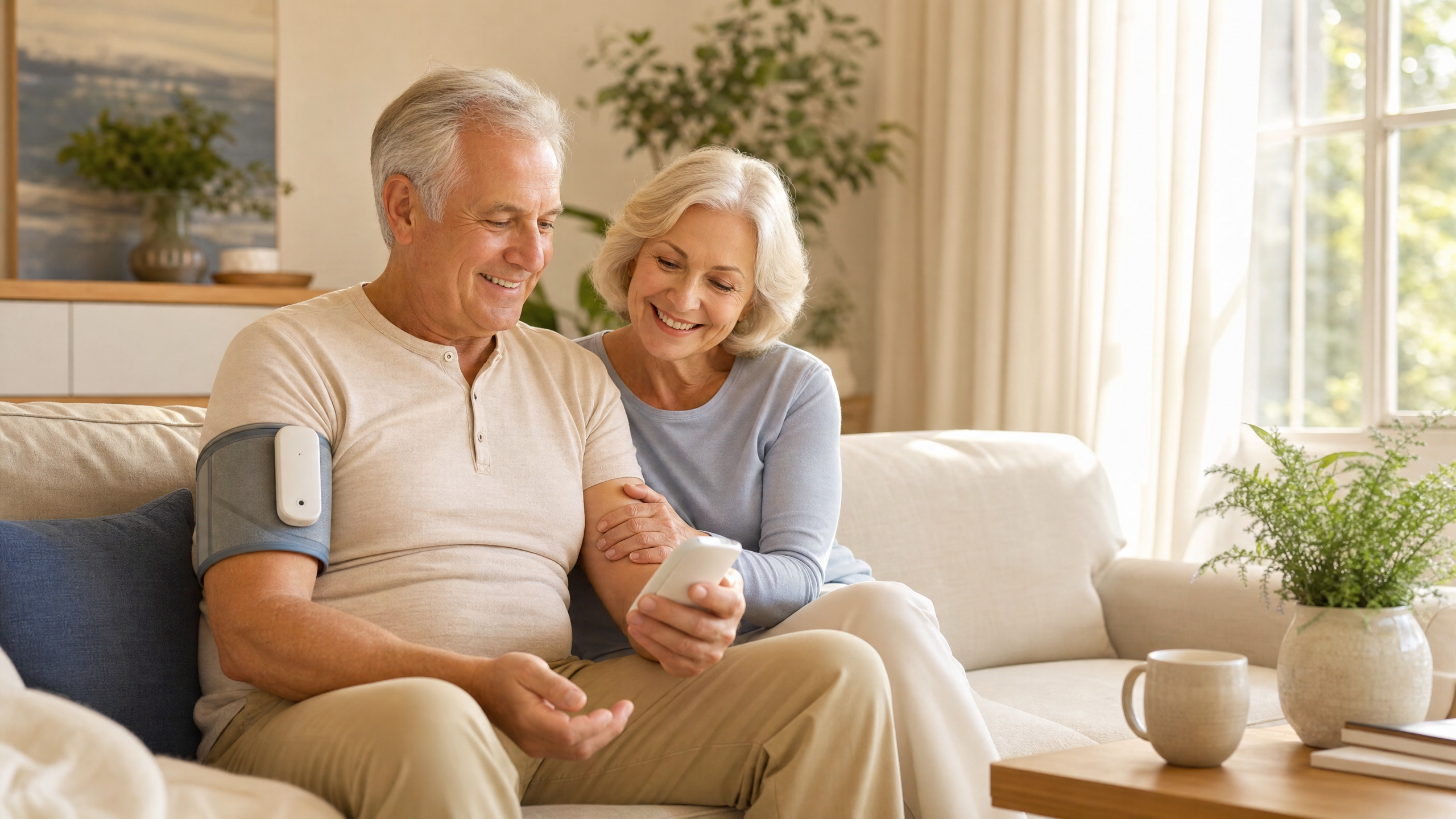 Senior couple using ZYBS home blood pressure monitor together in their living room