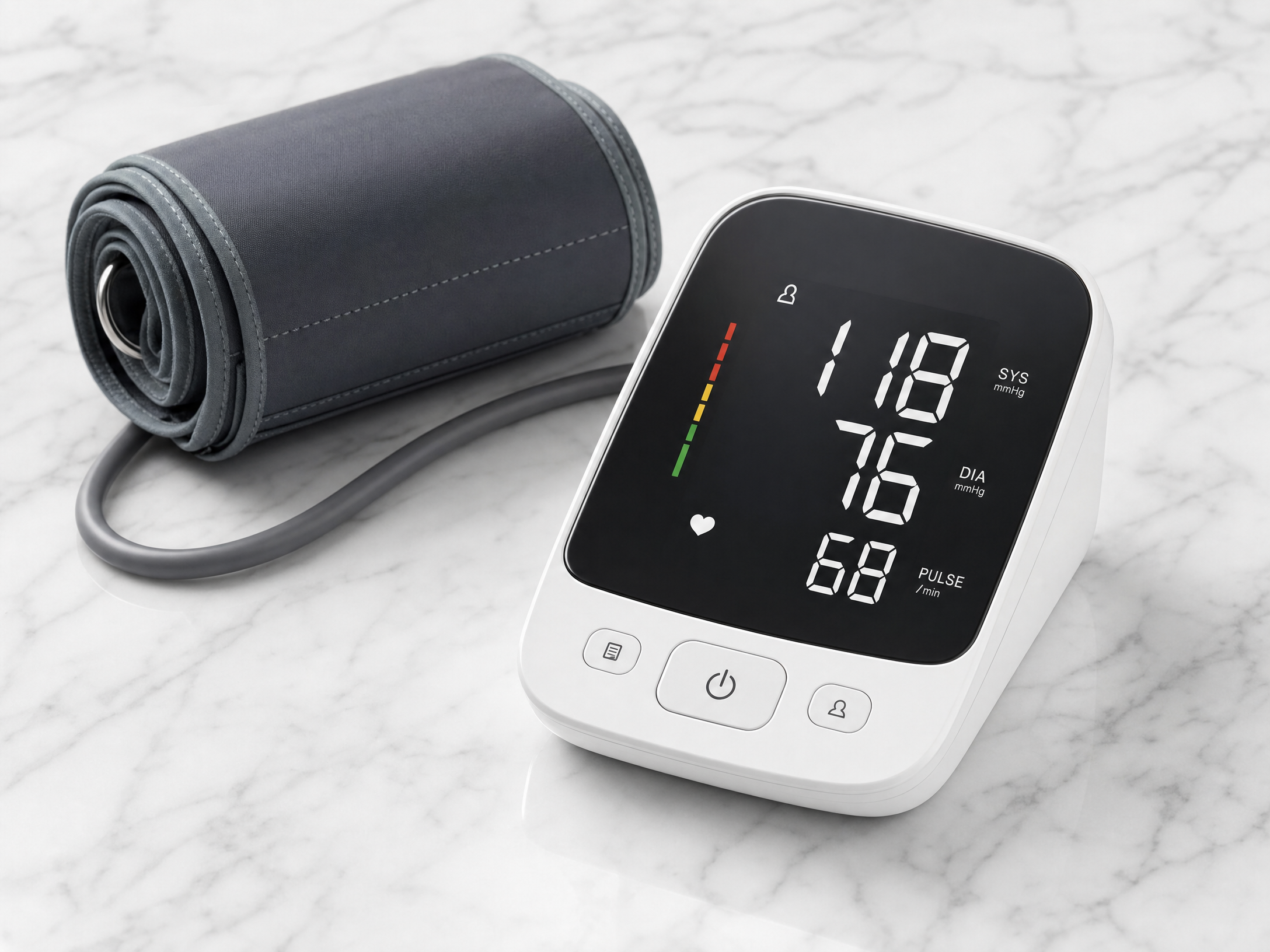 ZYBS U80B digital blood pressure monitor showing 118/76 reading on large LED display