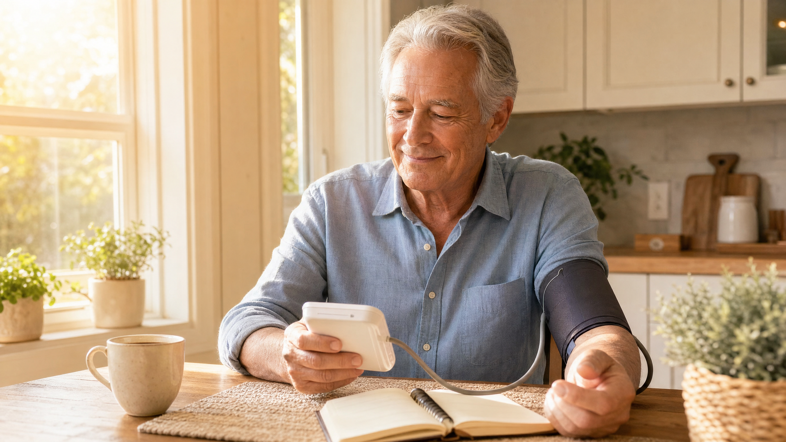 Senior man monitoring blood pressure at home in the morning with natural sunlight