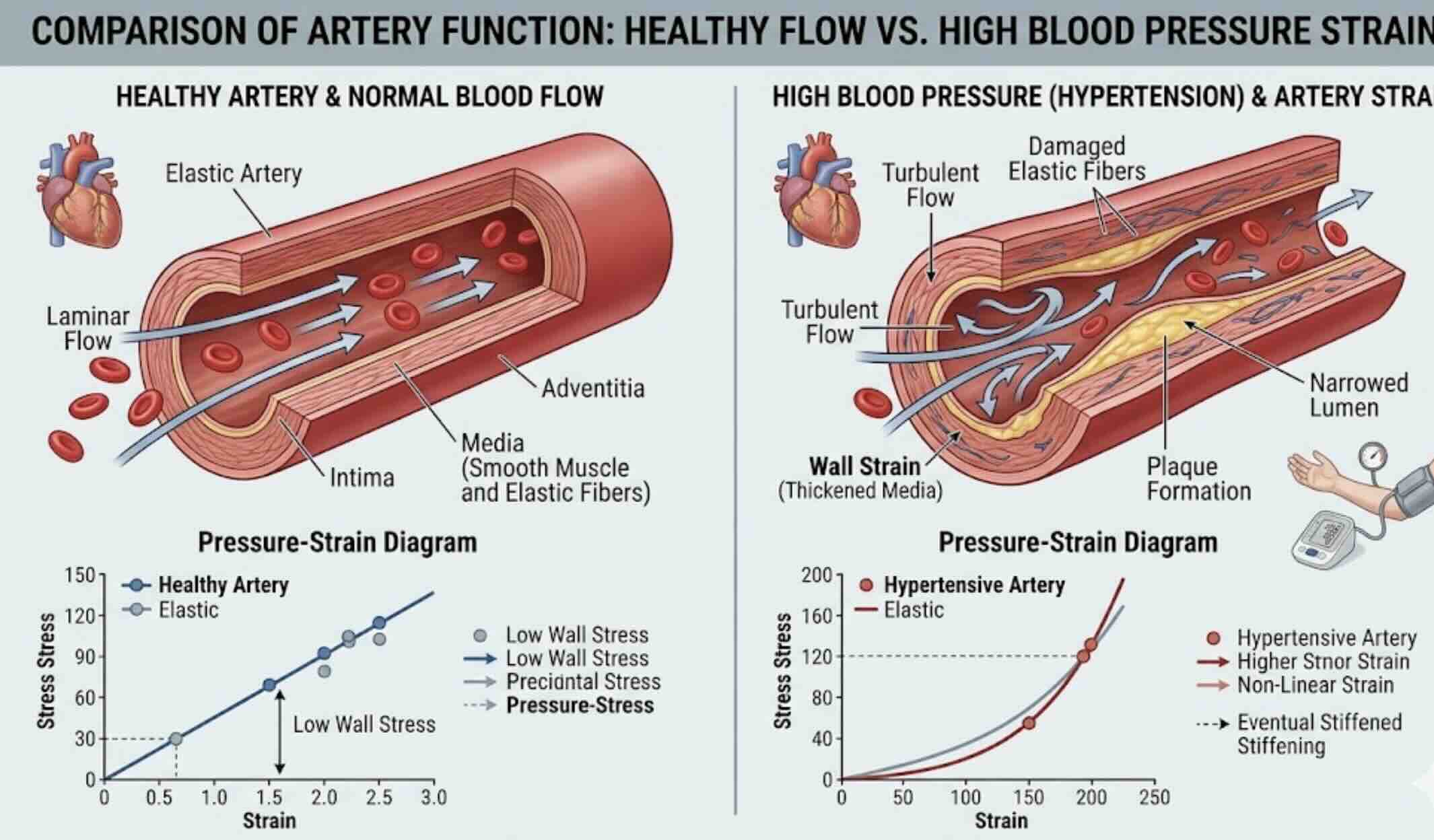 Diagram showing how high blood pressure affects blood vessels