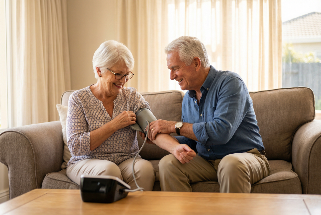 Upper arm blood pressure cuff placed correctly on bare skin