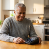 Person using an upper-arm blood pressure monitor at home