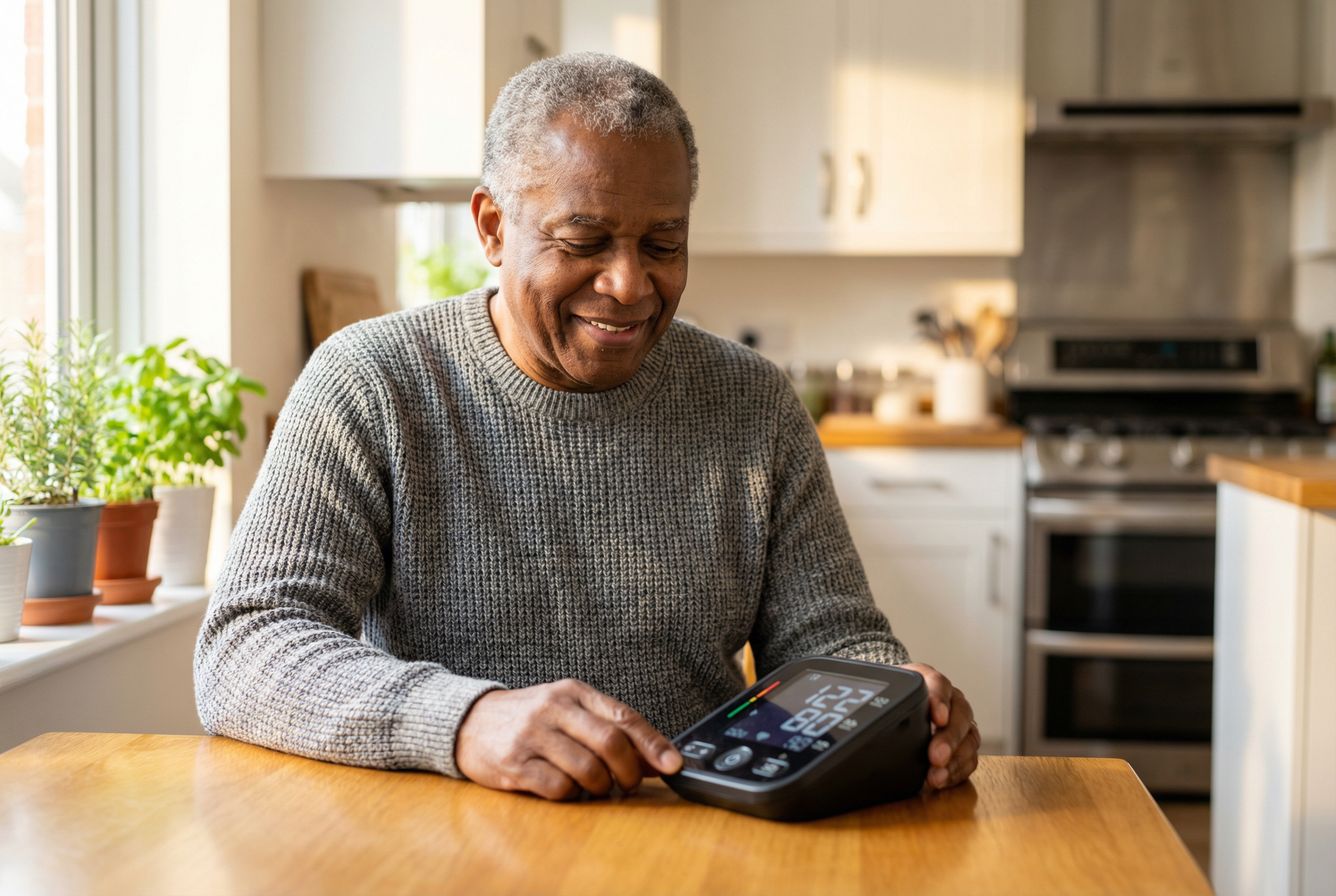 Person using an upper-arm blood pressure monitor at home