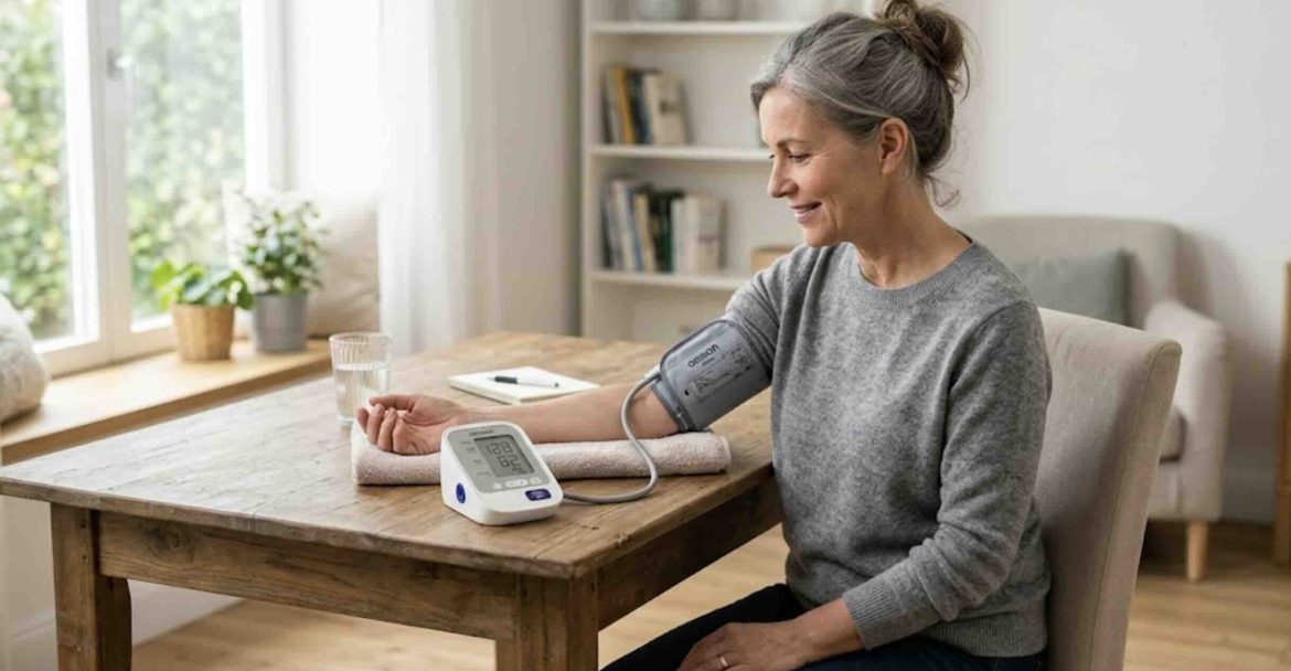 Person using an upper-arm blood pressure monitor at home