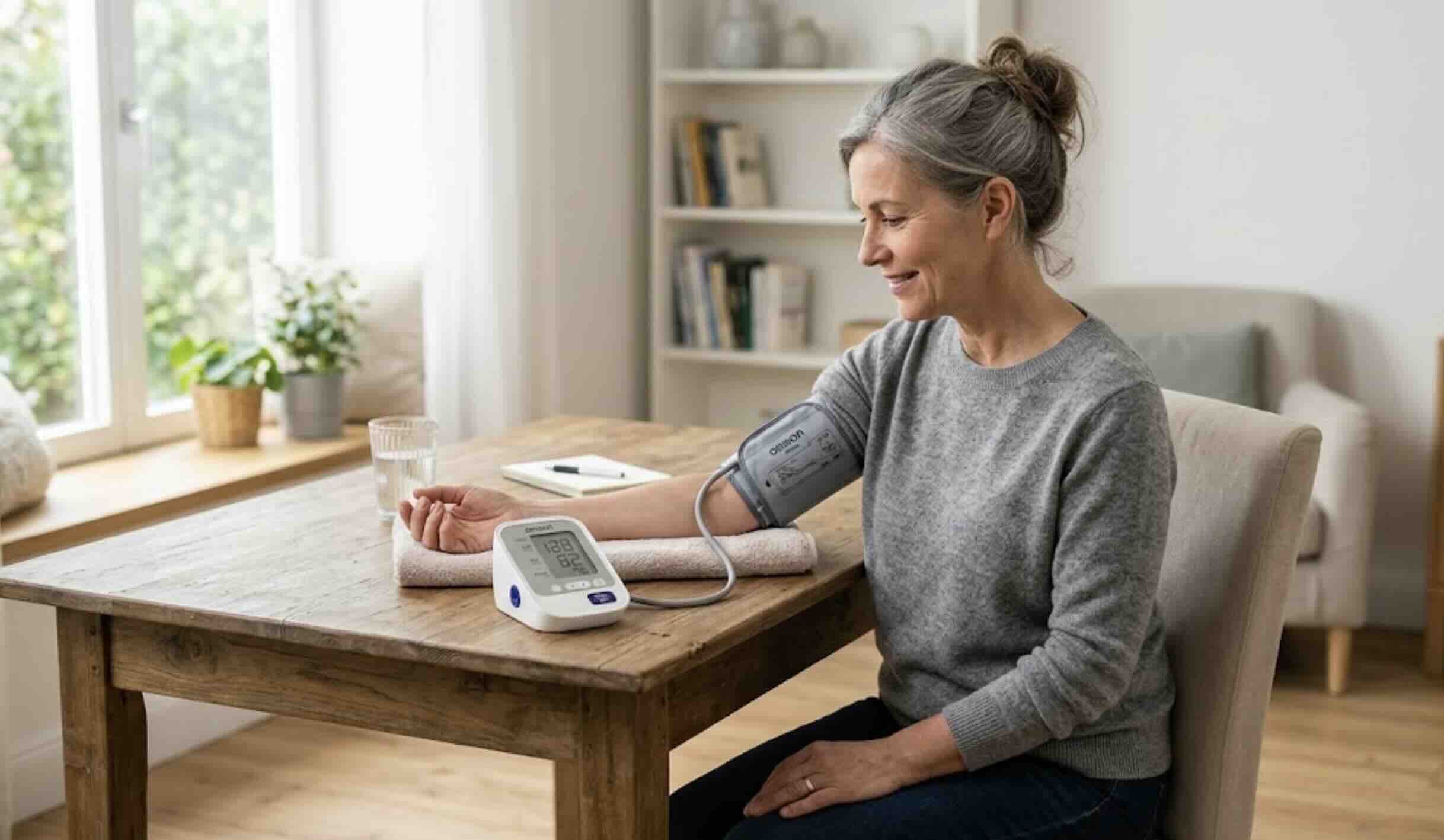 Person using an upper-arm blood pressure monitor at home