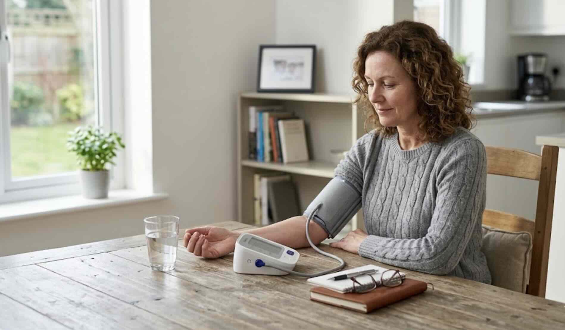 Upper arm blood pressure monitor used during a home routine