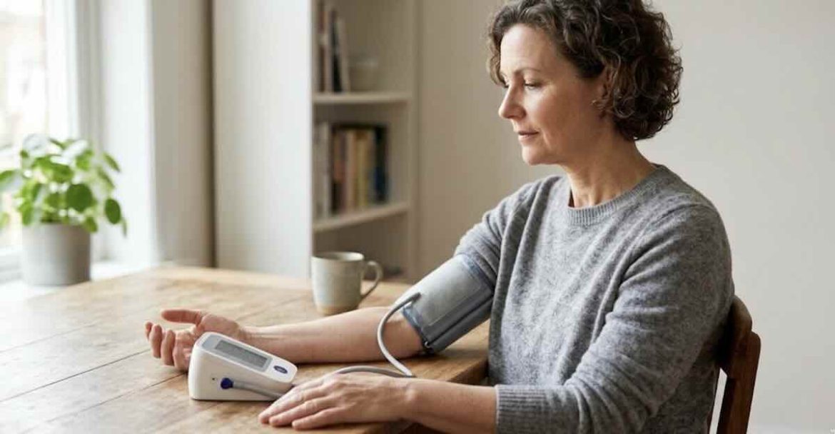 Person using an upper arm blood pressure monitor at home