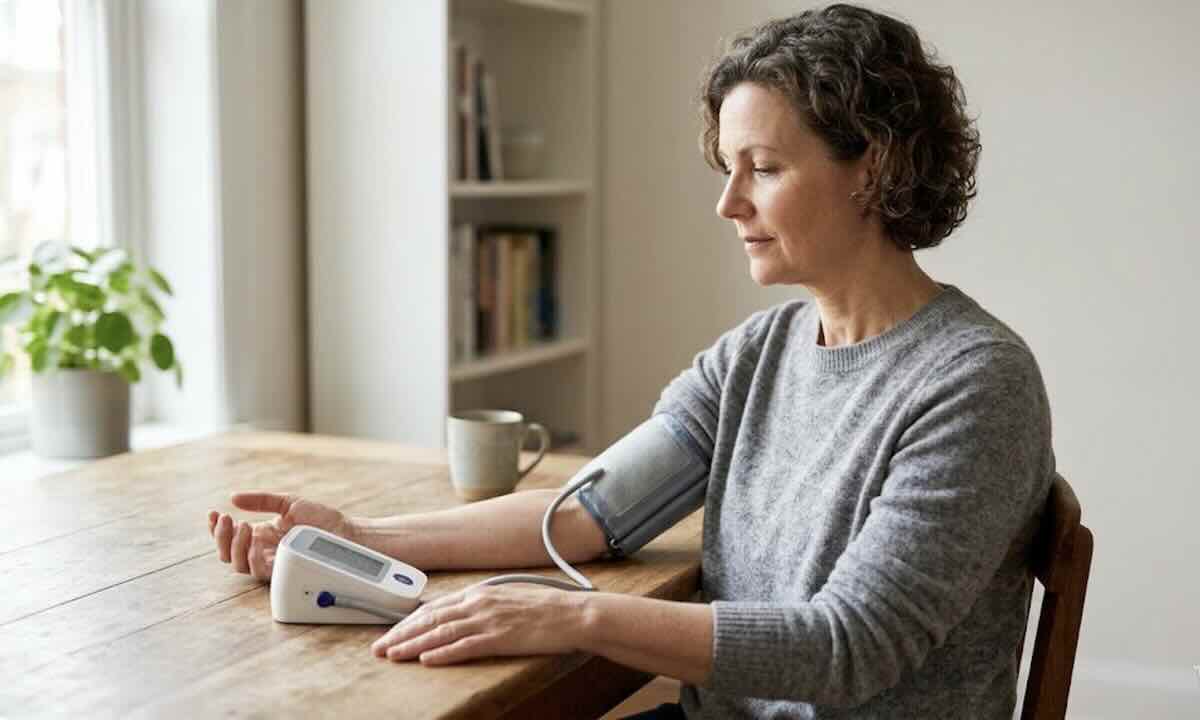 Person using an upper arm blood pressure monitor at home