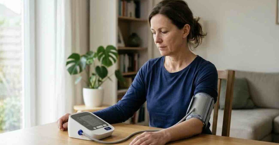 Person using home blood pressure monitor to stay aware of health