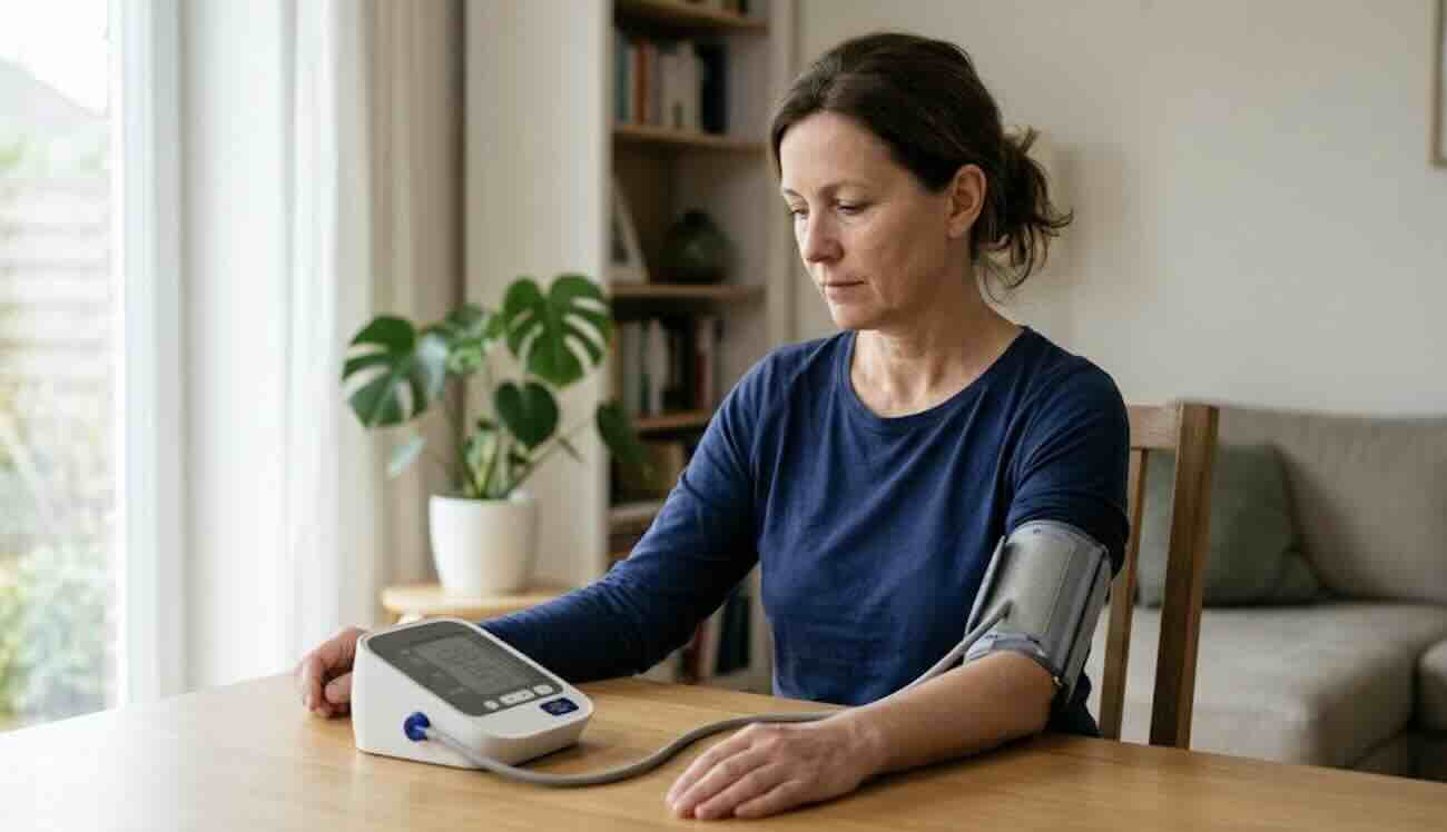 Person using home blood pressure monitor to stay aware of health