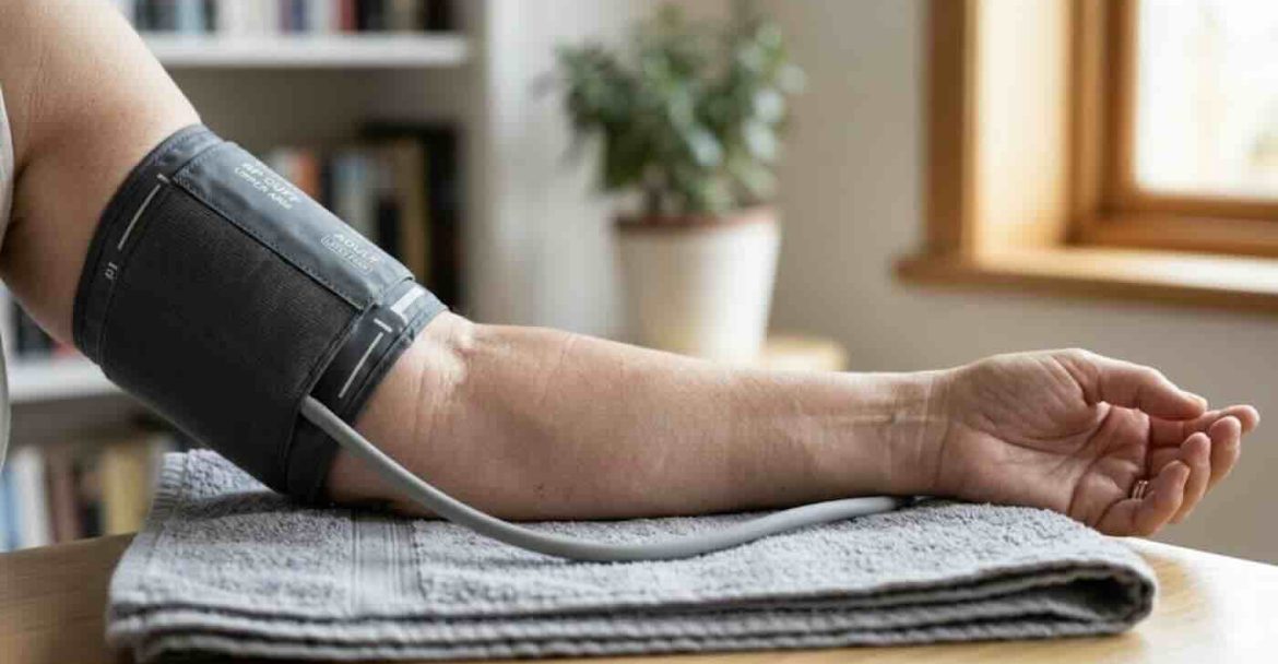 Upper arm blood pressure cuff placed correctly on bare skin