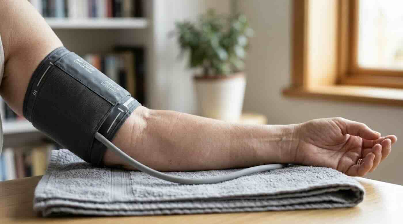 Upper arm blood pressure cuff placed correctly on bare skin