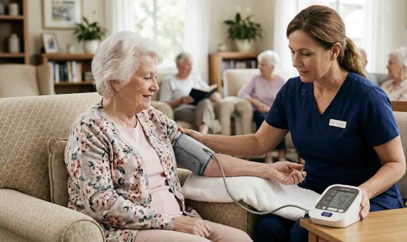 Care staff using a blood pressure monitor for routine checks in a senior living facility