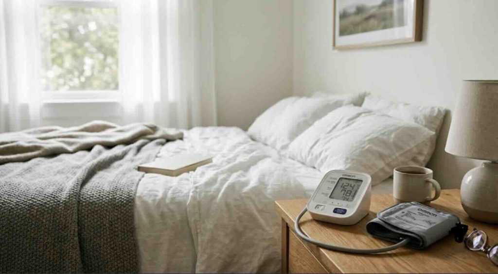 Upper arm blood pressure monitor on a bedside table without phone app use