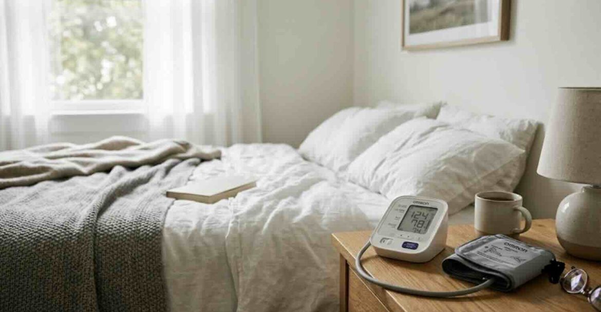 Upper arm blood pressure monitor on a bedside table without phone app use