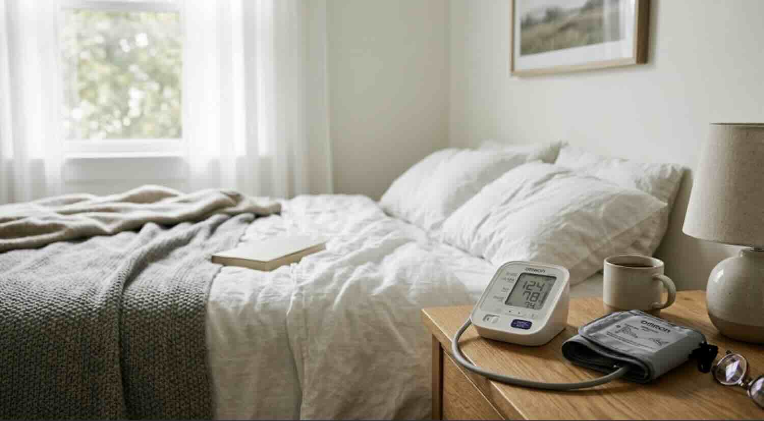 Upper arm blood pressure monitor on a bedside table without phone app use