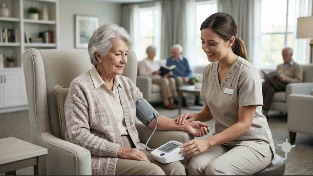 Upper arm blood pressure monitor used in a senior living facility
