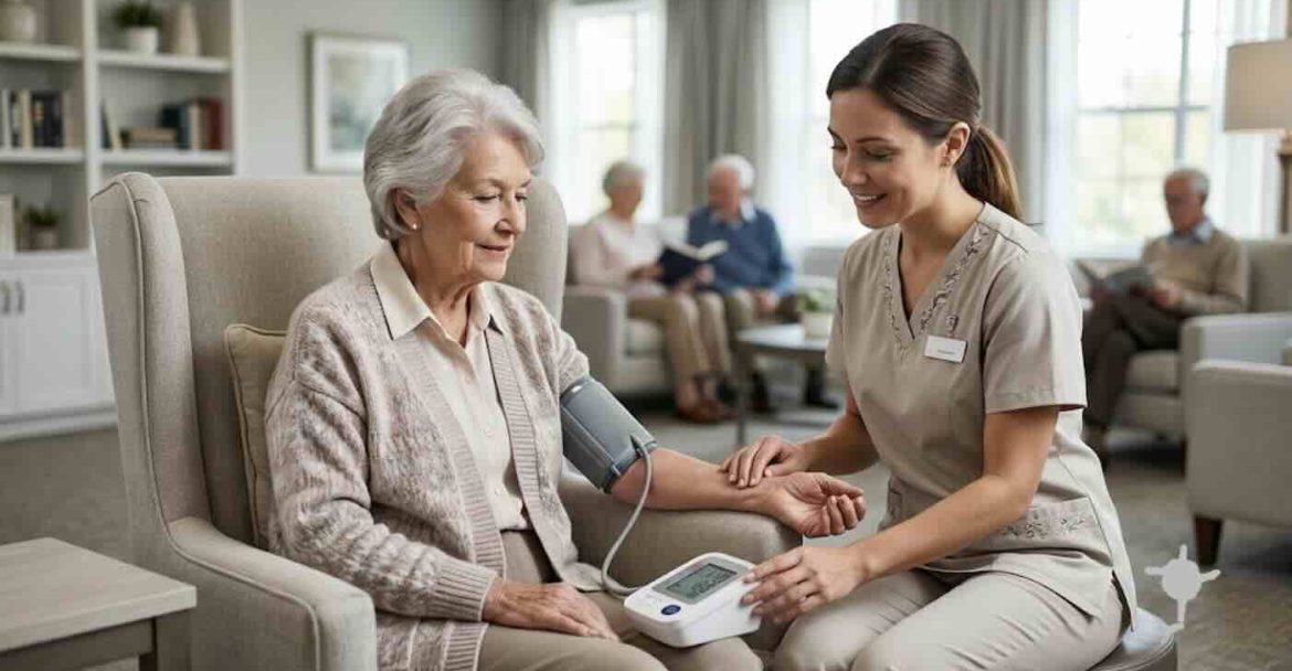 Upper arm blood pressure monitor used in a senior living facility