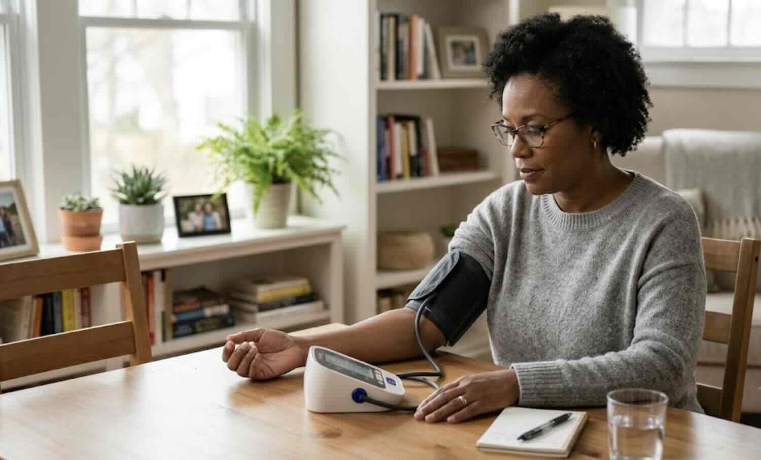 An adult using a home blood pressure monitor to understand blood pressure categories