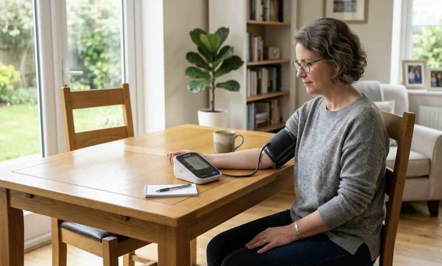Middle-aged adult checking blood pressure at home as part of a health routine