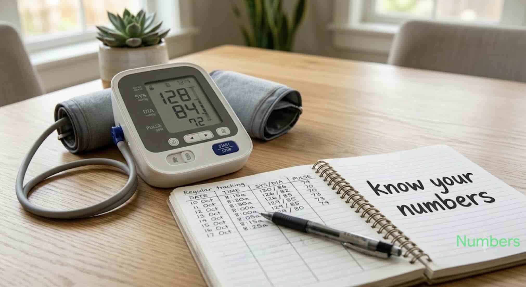 Home blood pressure monitor and notebook used for tracking readings over time