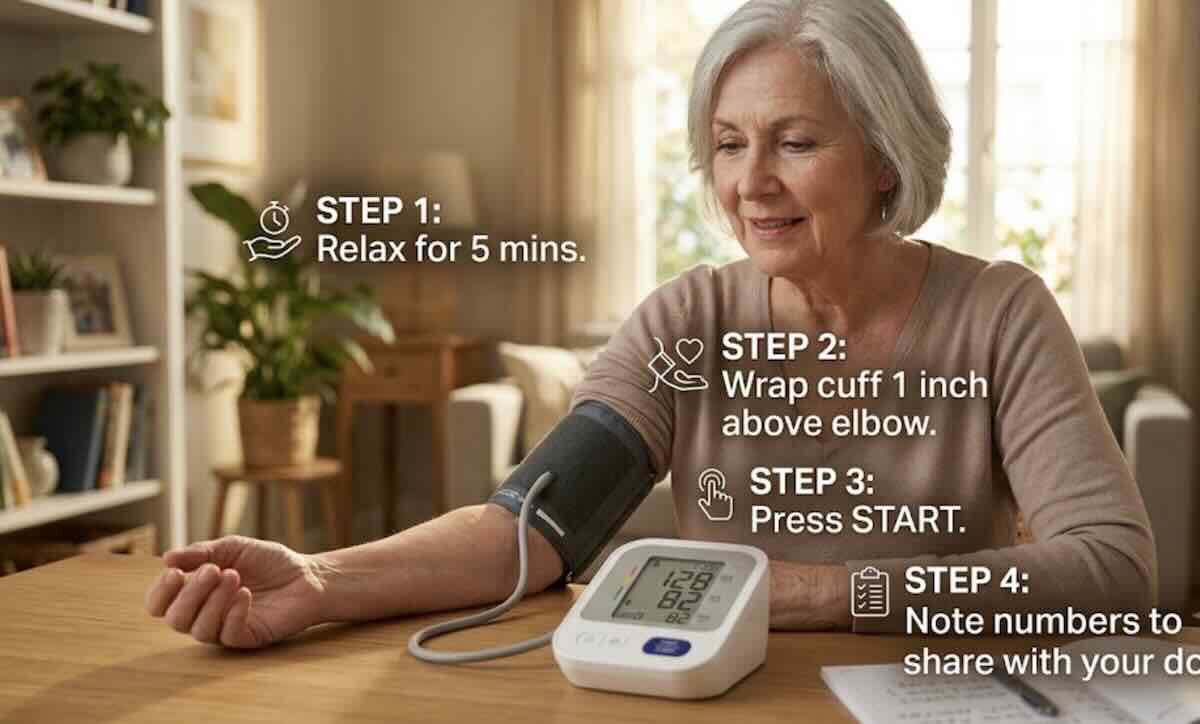 Person checking blood pressure at home as part of regular monitoring