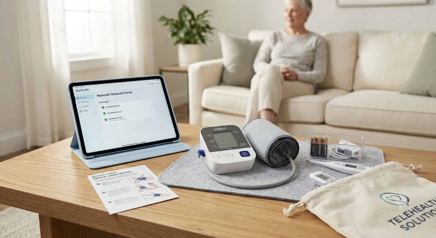 Upper arm blood pressure monitor included in a telehealth kit for home use