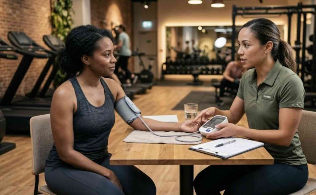 Personal trainer explaining an upper arm blood pressure monitor to an adult fitness client