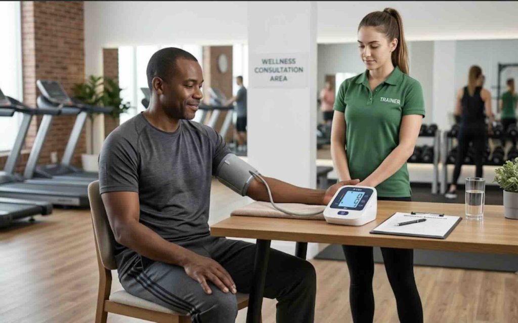 Fitness client seated and resting before an upper arm blood pressure measurement