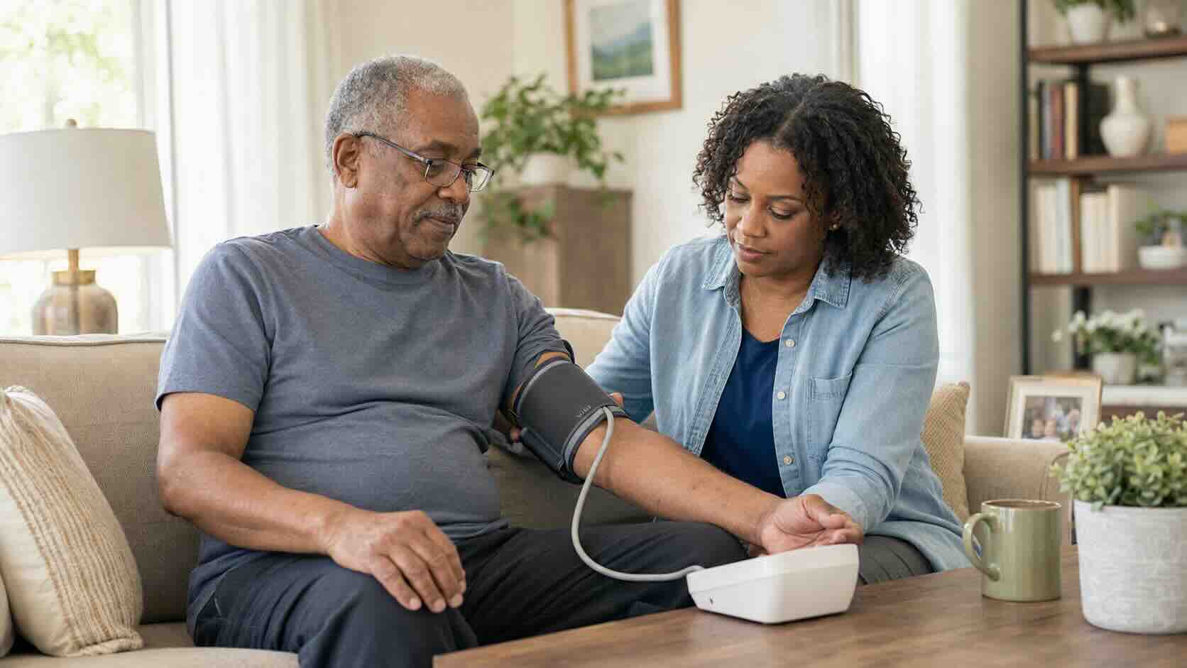 Family caregiver helping an older adult use an upper arm blood pressure monitor at home