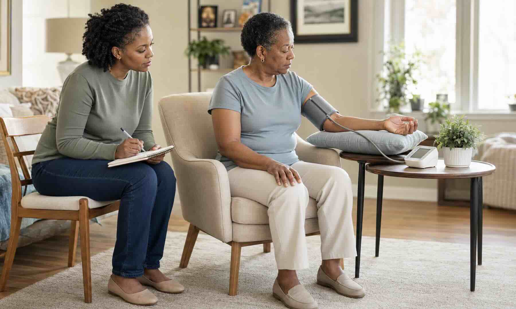 Caregiver and older adult using an upper arm blood pressure monitor at home