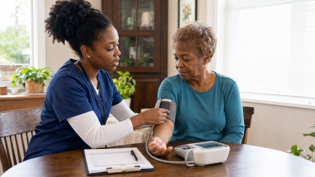 Home health nurse teaching an adult patient how to check blood pressure with an upper arm monitor