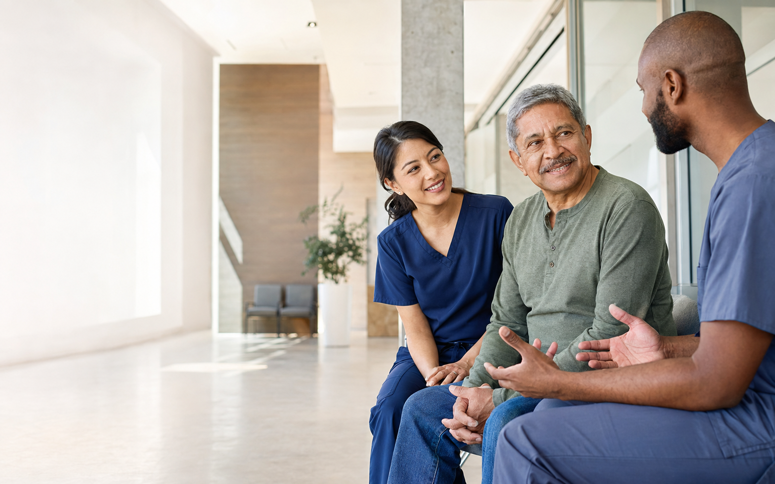 Clinician supporting a veteran patient in a modern care setting